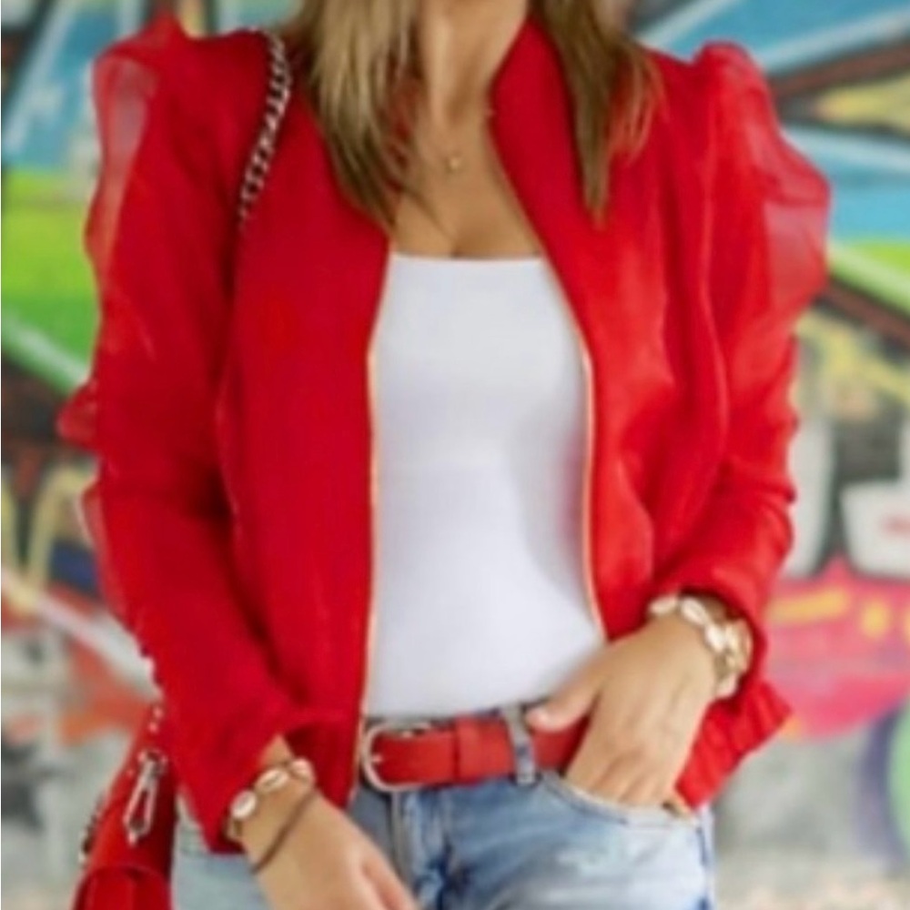 Zara Vibrant Red Sheer Ruched Organza Bomber Jacket - Medium